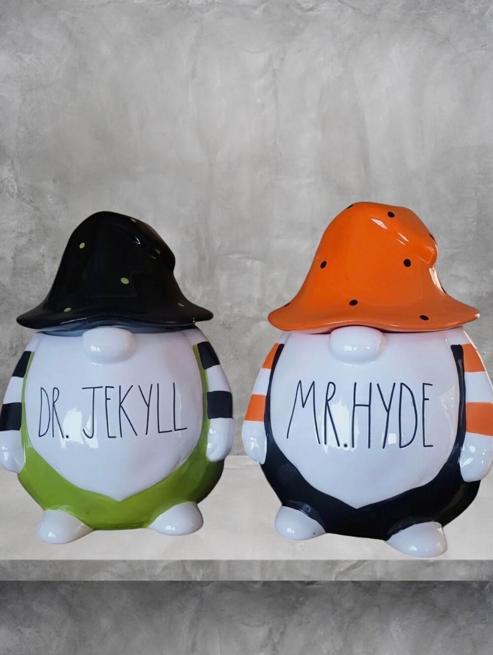 Rae Dunn "DR. JEKYLL & MR. HYDE" Halloween Gnome Ceramic Cookie Jars – Set of 2